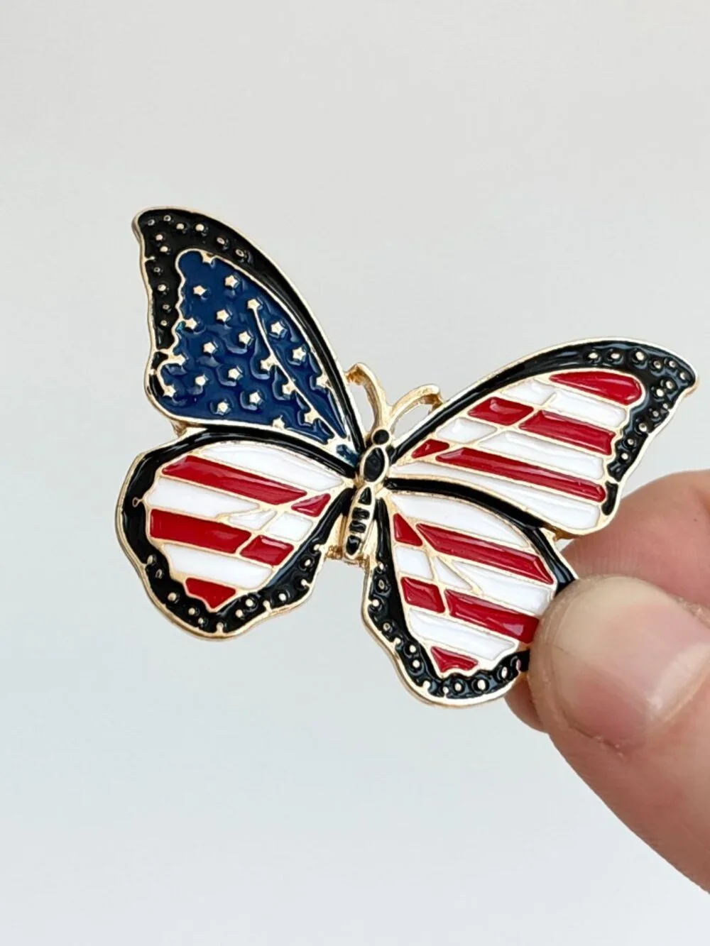 Butterfly Figural American Flag Enameled Gold Toned Patriotic Brooch Pin